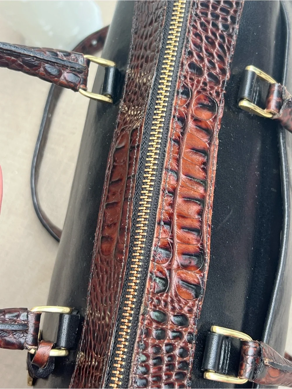 Brahmin Black Leather Satchel with Brown Croc-Embossed Trim